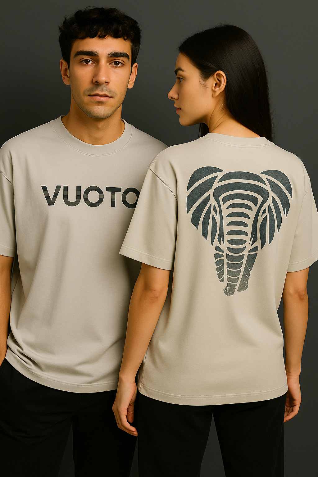 VUOTO Light Grey Oversized T-Shirt – Elephant Leaf Line Back Graphic | Nature-Inspired Streetwear