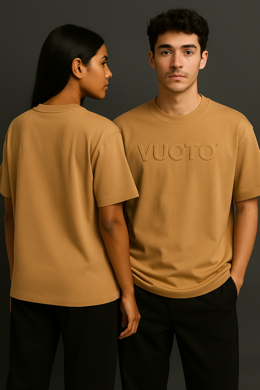 VUOTO Camel Brown Embossed Logo T-Shirt – Premium Oversized Fit | Minimal Streetwear Style