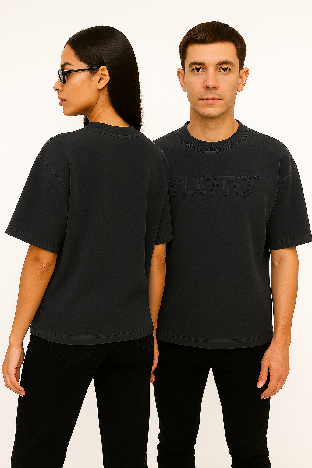 VUOTO Charcoal Black Embossed Logo T-Shirt – Minimal Premium Oversized Fit