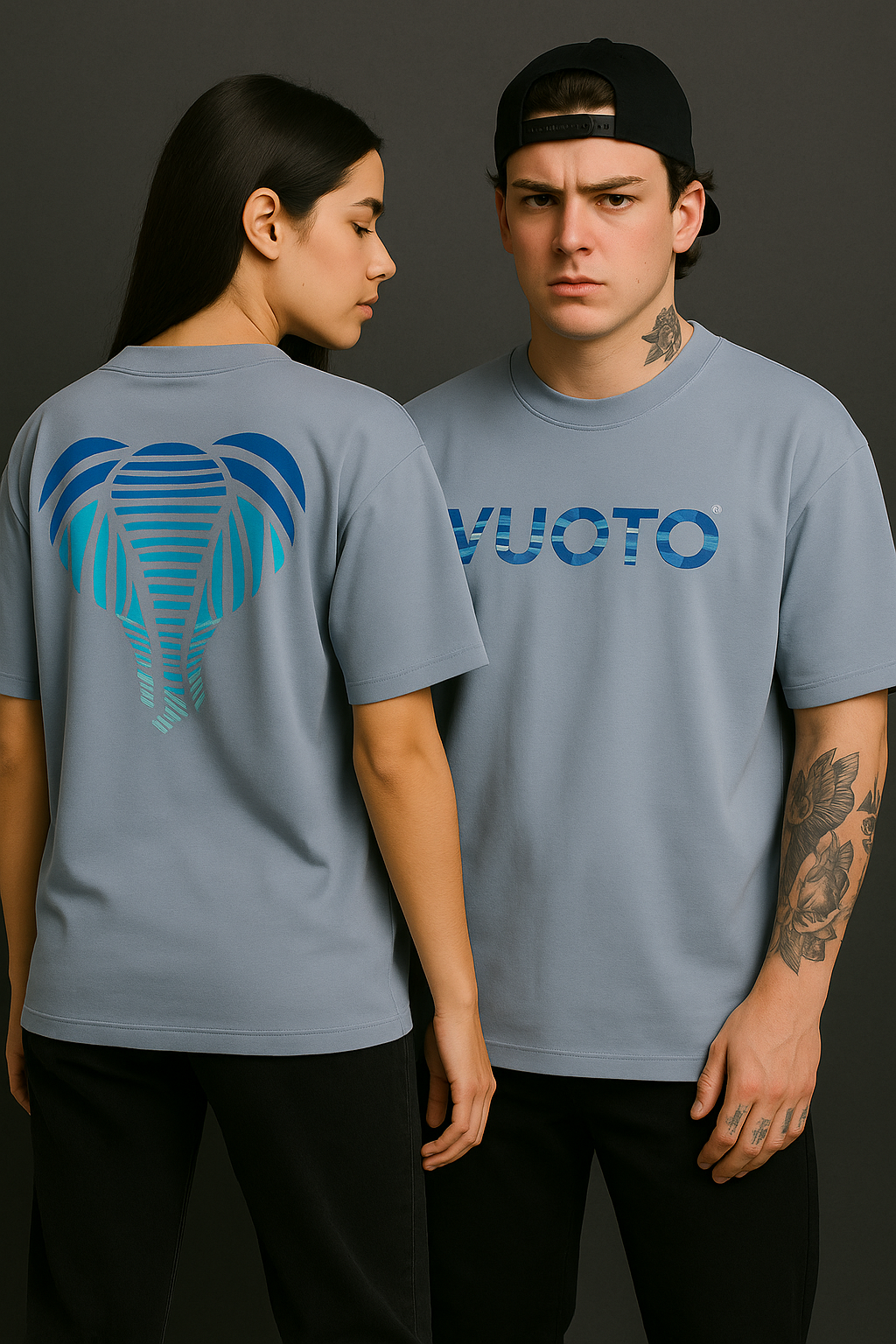 VUOTO Embossed Logo T-Shirt – Sky Blue | Oversized Fit | 3D Elephant Back Graphic