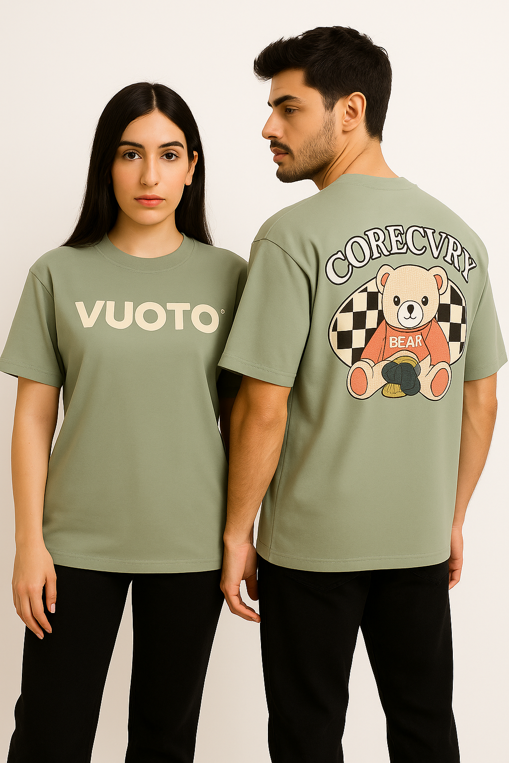 VUOTO Sage Green Bear Graphic T-Shirt – Embossed Front Logo | Oversized Streetwear Fit