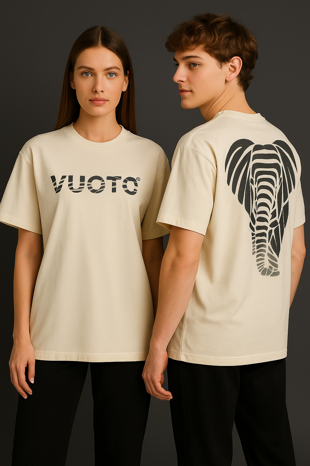 VUOTO Off-White Elephant Graphic T-Shirt – Zebra Text Logo & Back Art | Oversized Fit