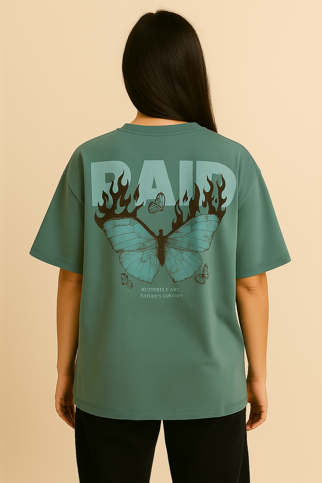 VUOTO Green Graphic T-Shirt – RAID Flame Butterfly Back Print | Oversized Streetwear Tee