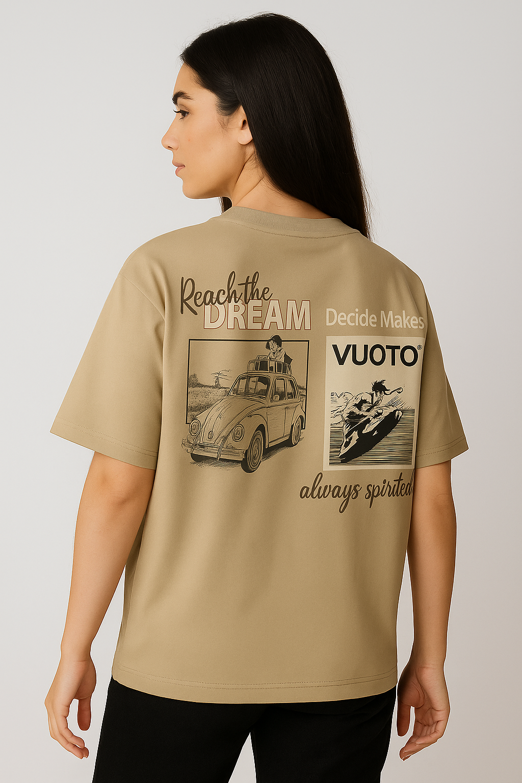 VUOTO Beige Oversized T-Shirt – Reach the Dream Graphic Back | Retro-Inspired Streetwear