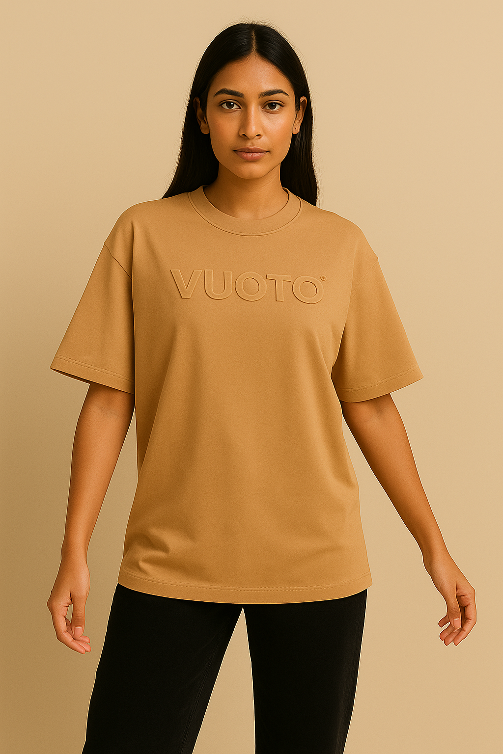 VUOTO Camel Brown Embossed Logo T-Shirt – Premium Oversized Fit | Minimal Streetwear Style