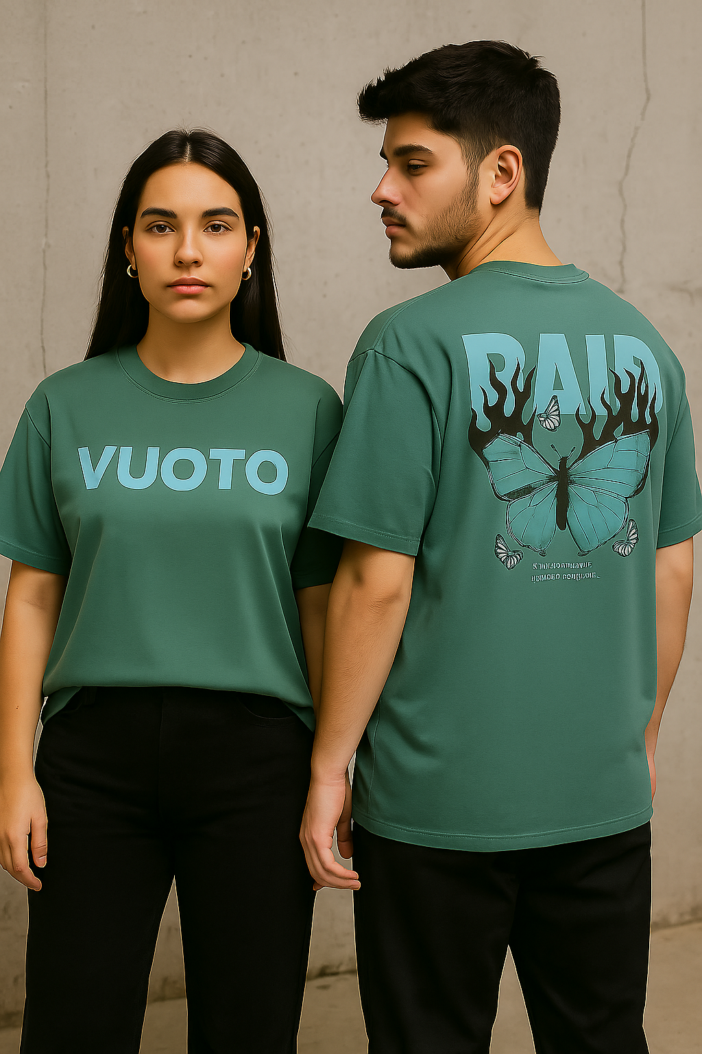 VUOTO Green Graphic T-Shirt – RAID Flame Butterfly Back Print | Oversized Streetwear Tee