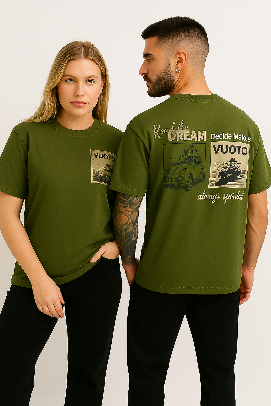 VUOTO Olive Green Oversized T-Shirt – Always Spirited Graphic Back | Retro Biker-Inspired Tee