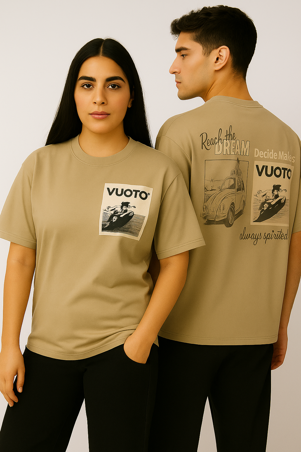 VUOTO Beige Oversized T-Shirt – Reach the Dream Graphic Back | Retro-Inspired Streetwear