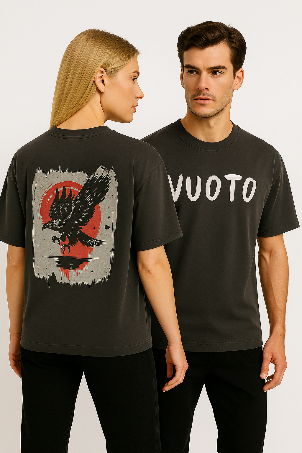 VUOTO Charcoal Graphic T-Shirt – Eagle Brushstroke Back Print | Bold Urban Streetwear