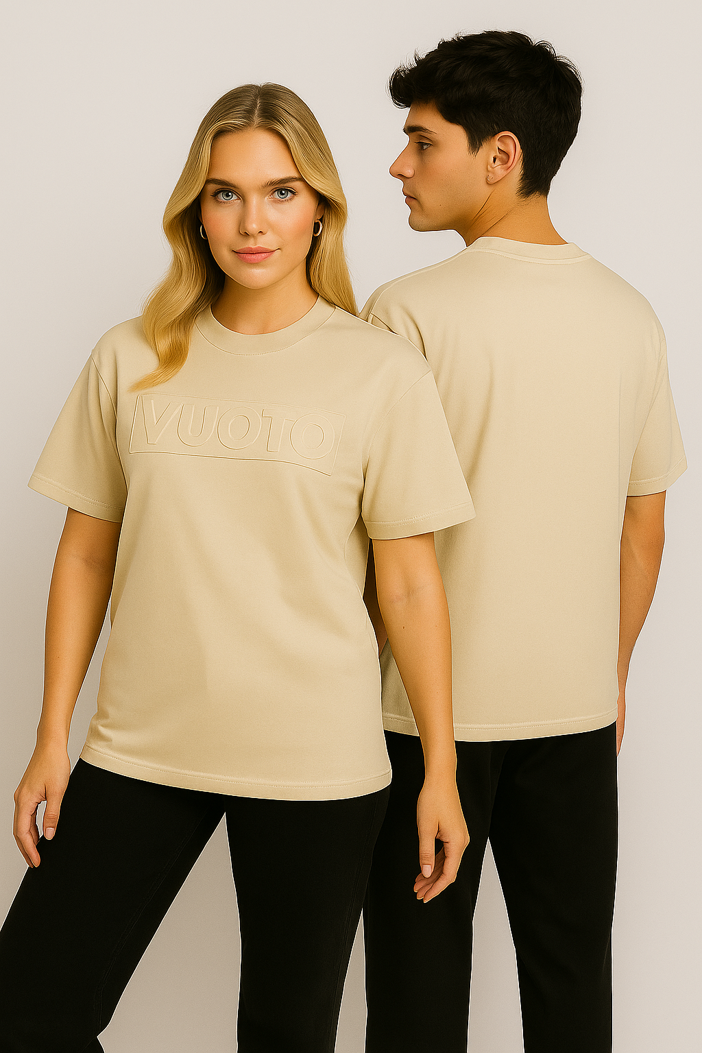VUOTO Cream Embossed Logo T-Shirt – Minimal Oversized Streetwear Tee