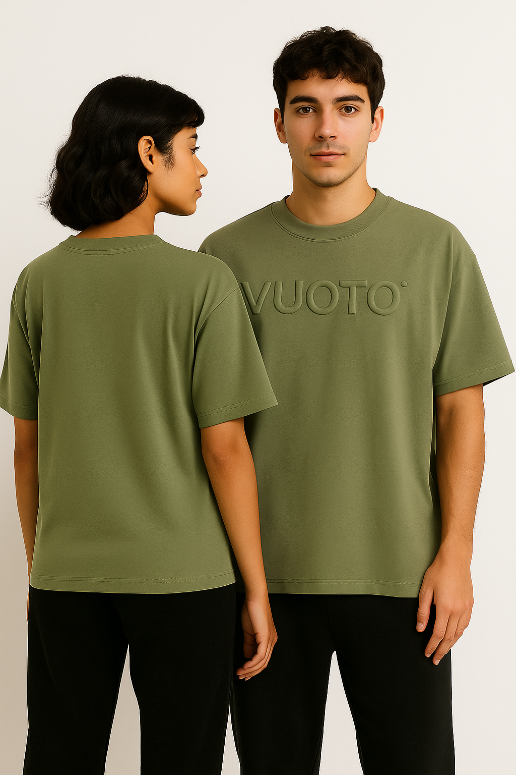 VUOTO Olive Green Embossed Logo T-Shirt – Oversized Minimalist Streetwear Essential