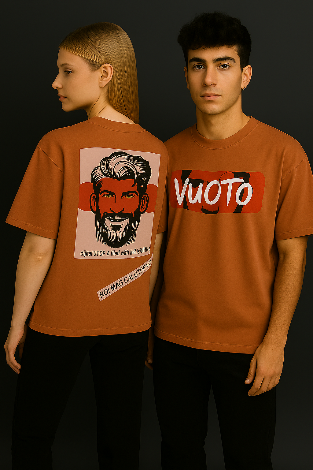 VUOTO Rust Orange Oversized T-Shirt – Utopia Graphic Back | Artistic Streetwear Drop