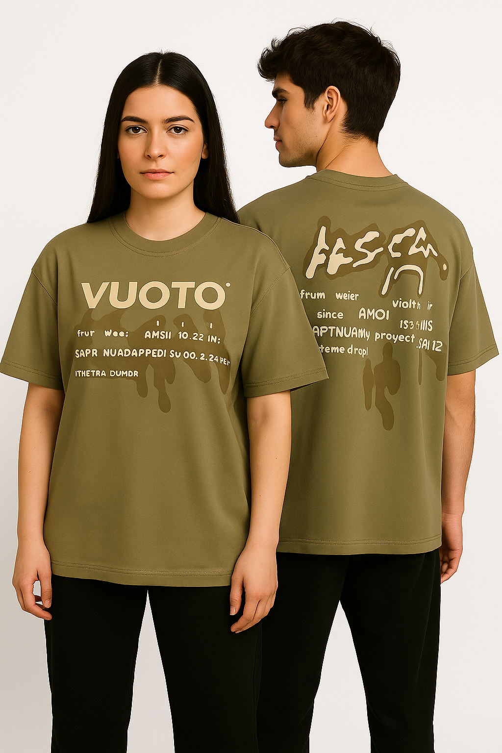 VUOTO Sage Green Bear Graphic T-Shirt – Embossed Front Logo | Oversized Streetwear Fit