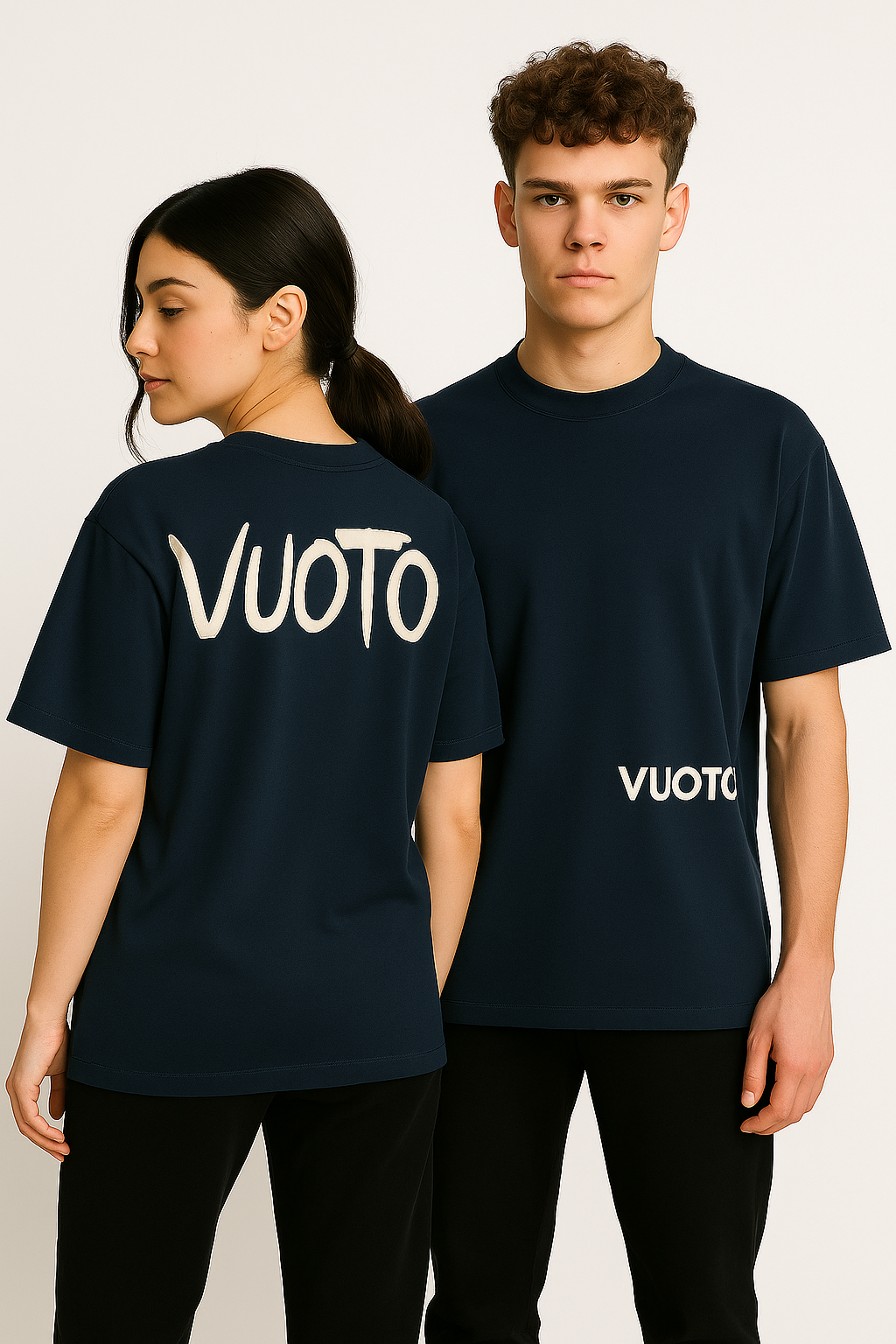 VUOTO Navy Blue Dual Logo T-Shirt – Clean Embossed Front & Brush Back Print | Oversized Fit
