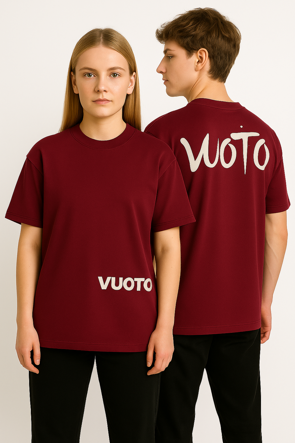 VUOTO Maroon Dual Logo T-Shirt – Minimal Front & Brushstroke Back Print | Oversized Fit