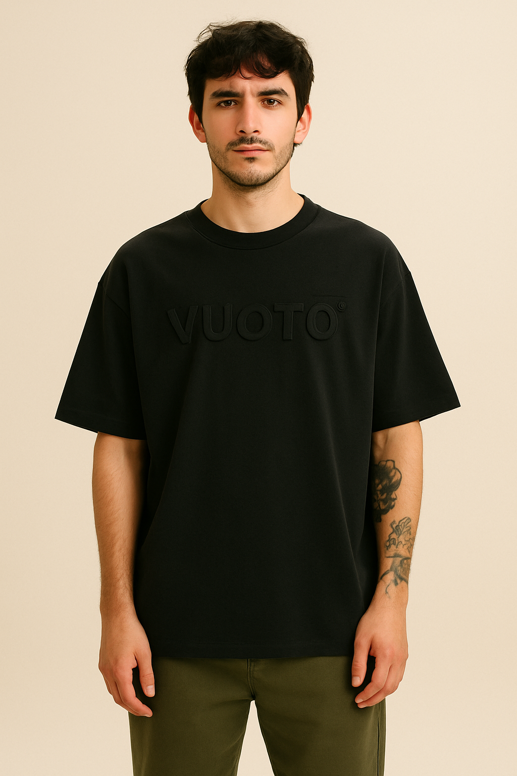 VUOTO Black Oversized T-Shirt – Embossed Logo | Premium Streetwear for Men