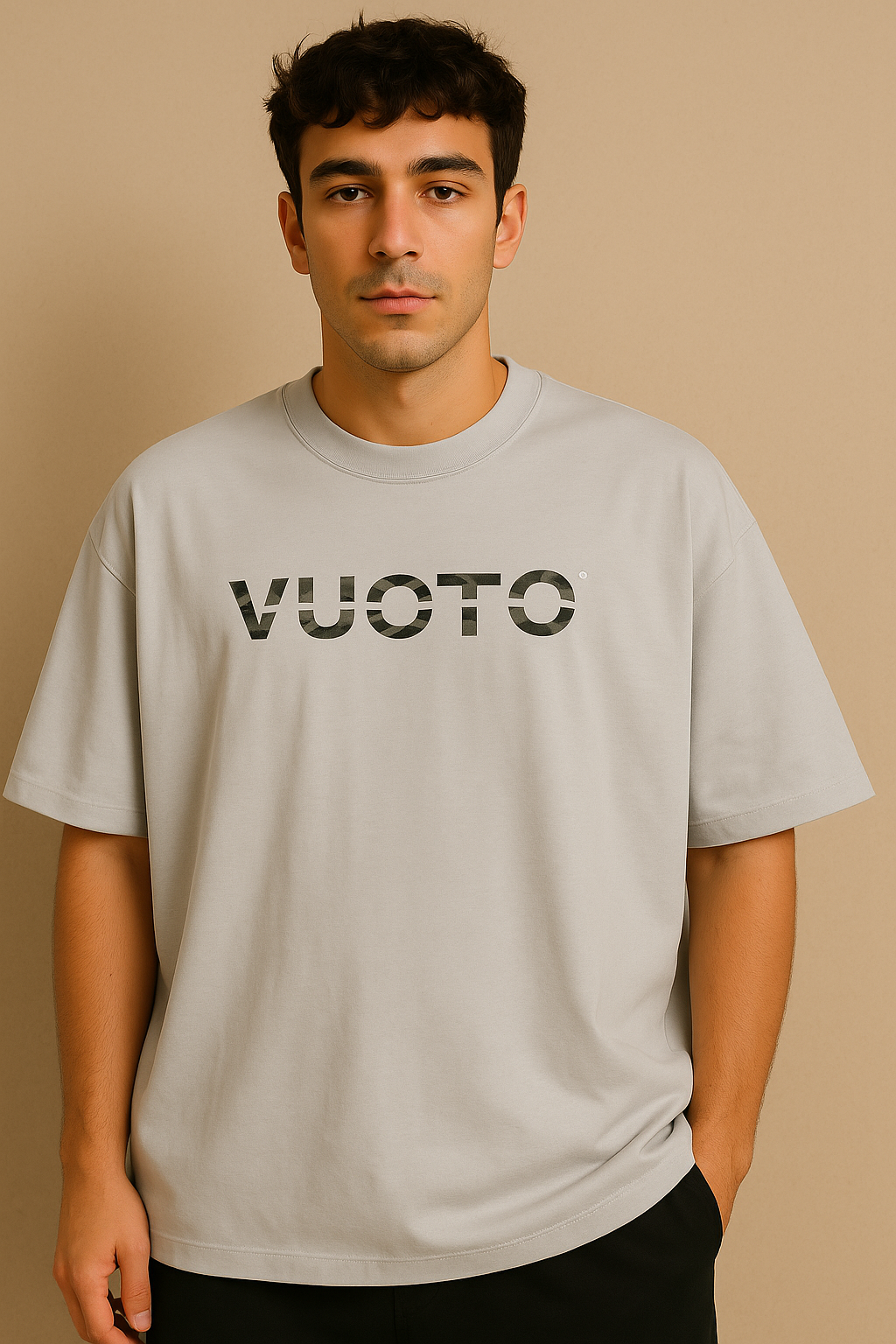 VUOTO Light Grey Oversized T-Shirt – Elephant Leaf Line Back Graphic | Nature-Inspired Streetwear