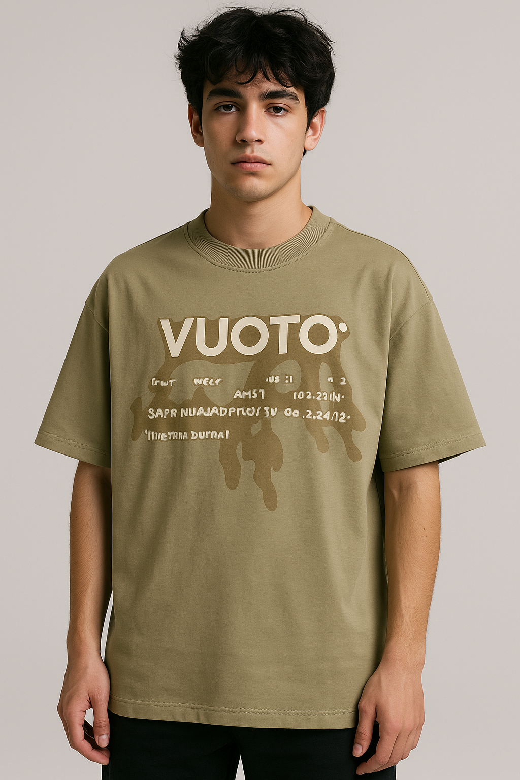 VUOTO Olive Green Drip Embossed T-Shirt – Oversized Fit | Artistic Streetwear Style