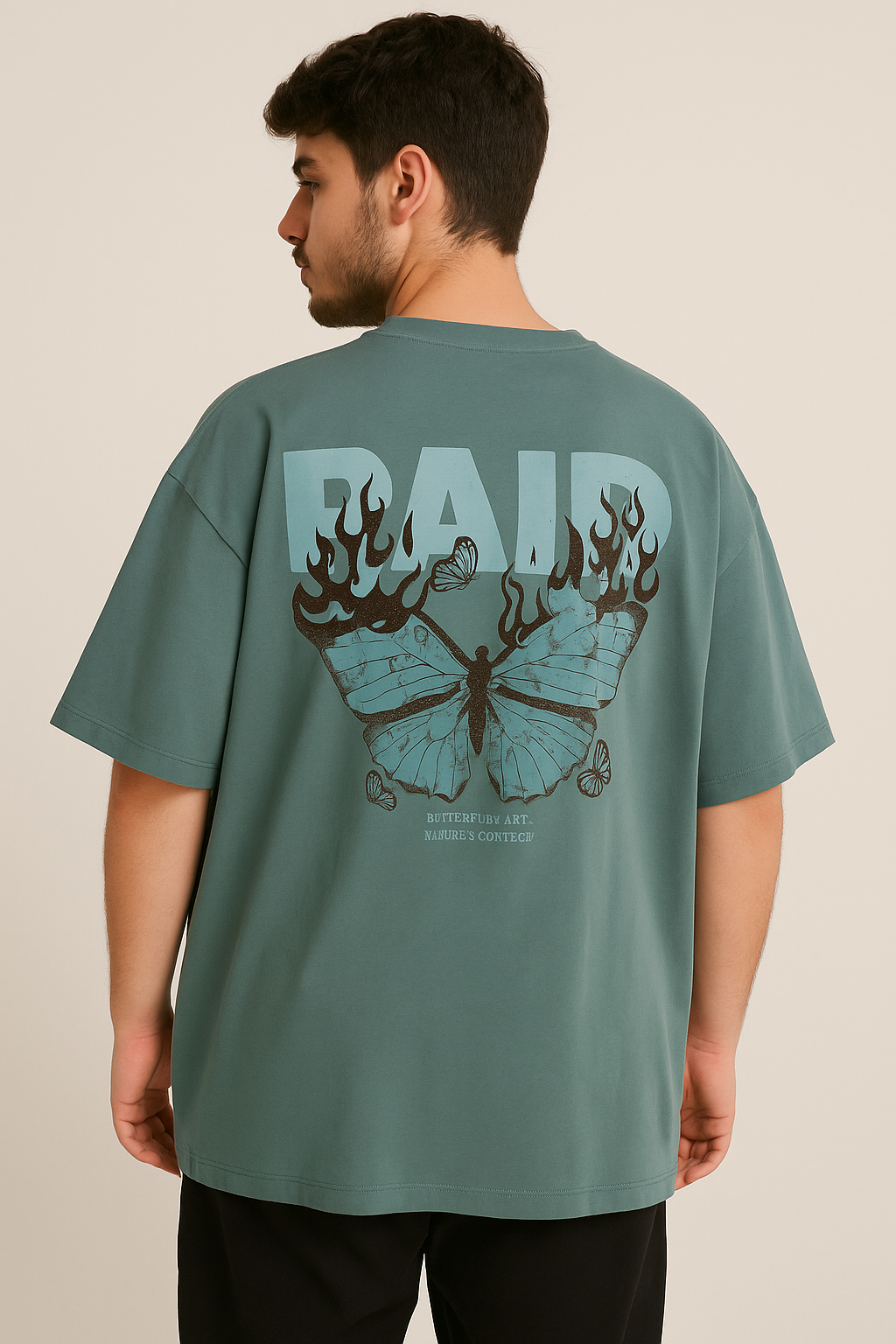 VUOTO Green Graphic T-Shirt – RAID Flame Butterfly Back Print | Oversized Streetwear Tee