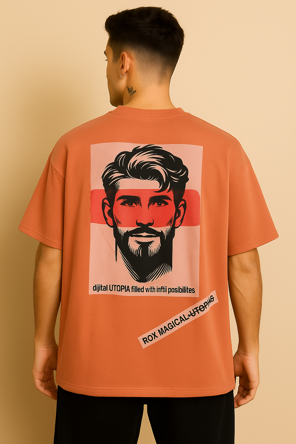 VUOTO Rust Orange Oversized T-Shirt – Utopia Graphic Back | Artistic Streetwear Drop