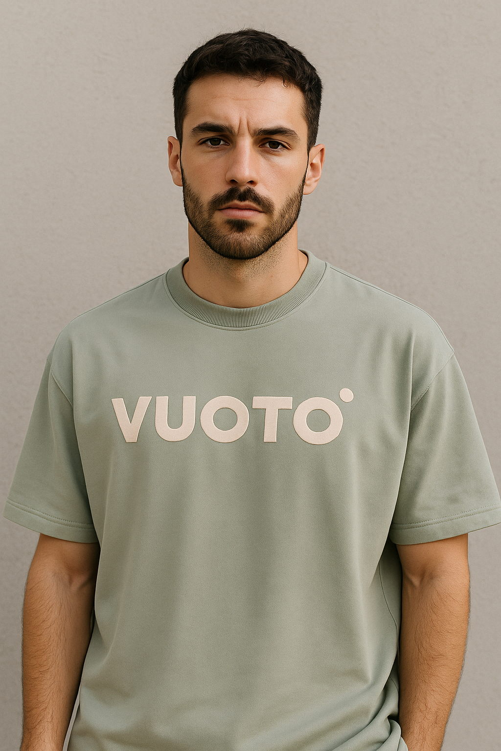 VUOTO Sage Green Bear Graphic T-Shirt – Embossed Front Logo | Oversized Streetwear Fit