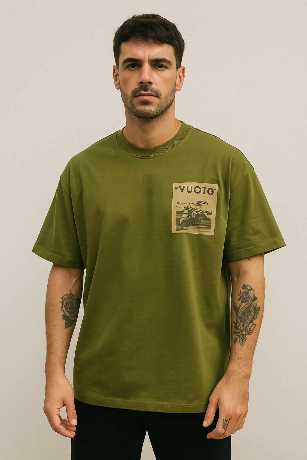 VUOTO Olive Green Oversized T-Shirt – Always Spirited Graphic Back | Retro Biker-Inspired Tee