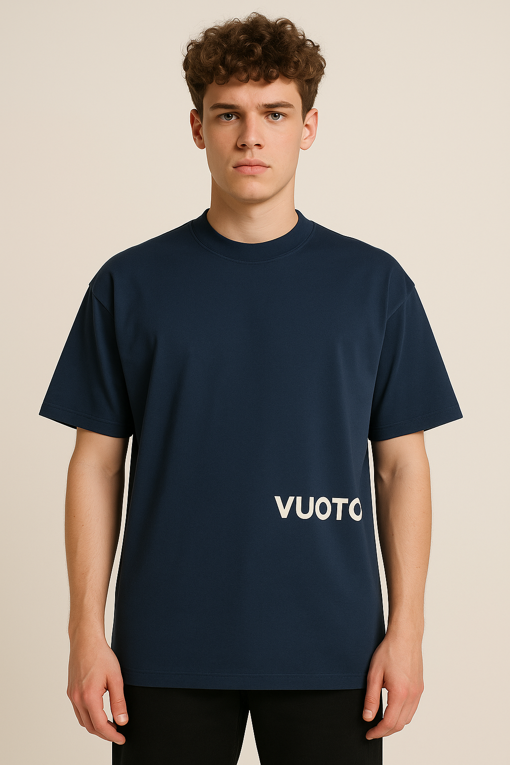 VUOTO Navy Blue Dual Logo T-Shirt – Clean Embossed Front & Brush Back Print | Oversized Fit