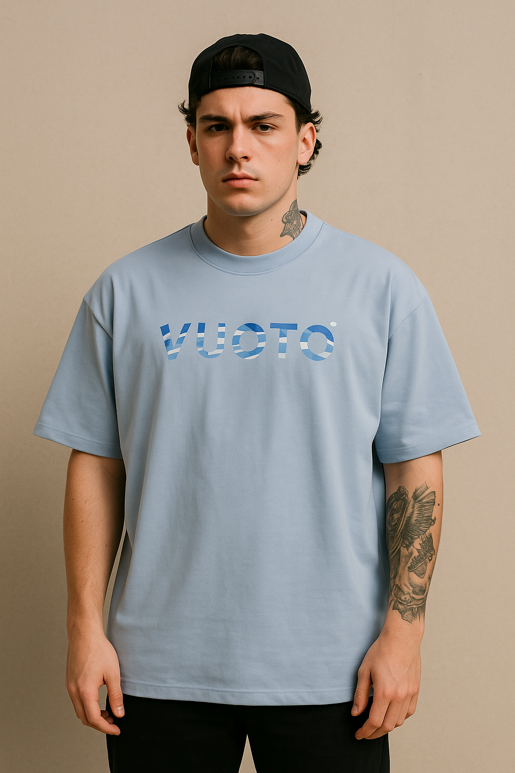 VUOTO Embossed Logo T-Shirt – Sky Blue | Oversized Fit | 3D Elephant Back Graphic