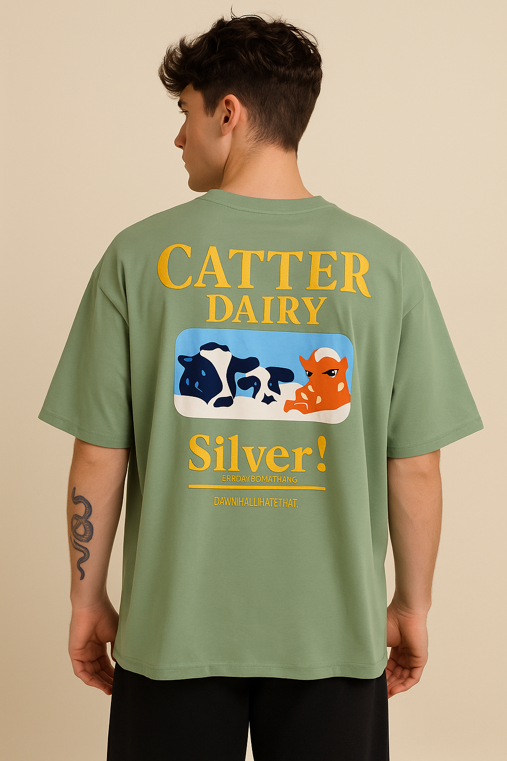 VUOTO Green Oversized T-Shirt – Catter Dairy Silver Back Graphic | Playful Retro Streetwear