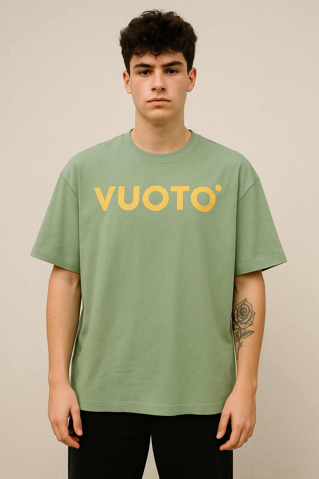 VUOTO Green Oversized T-Shirt – Catter Dairy Silver Back Graphic | Playful Retro Streetwear