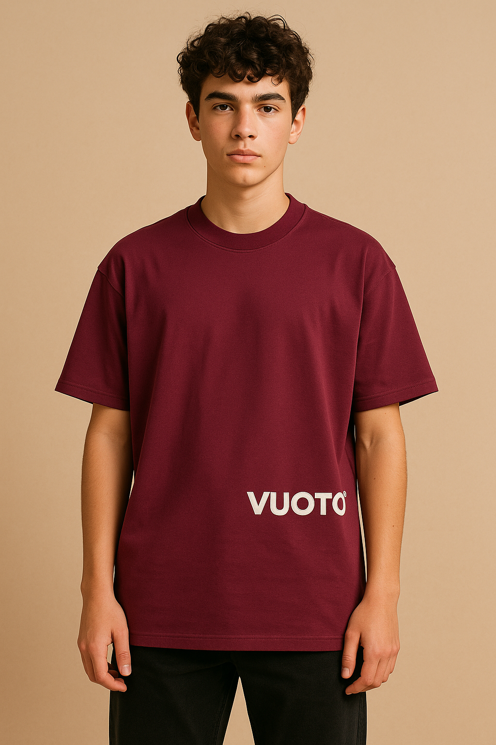 VUOTO Maroon Dual Logo T-Shirt – Minimal Front & Brushstroke Back Print | Oversized Fit