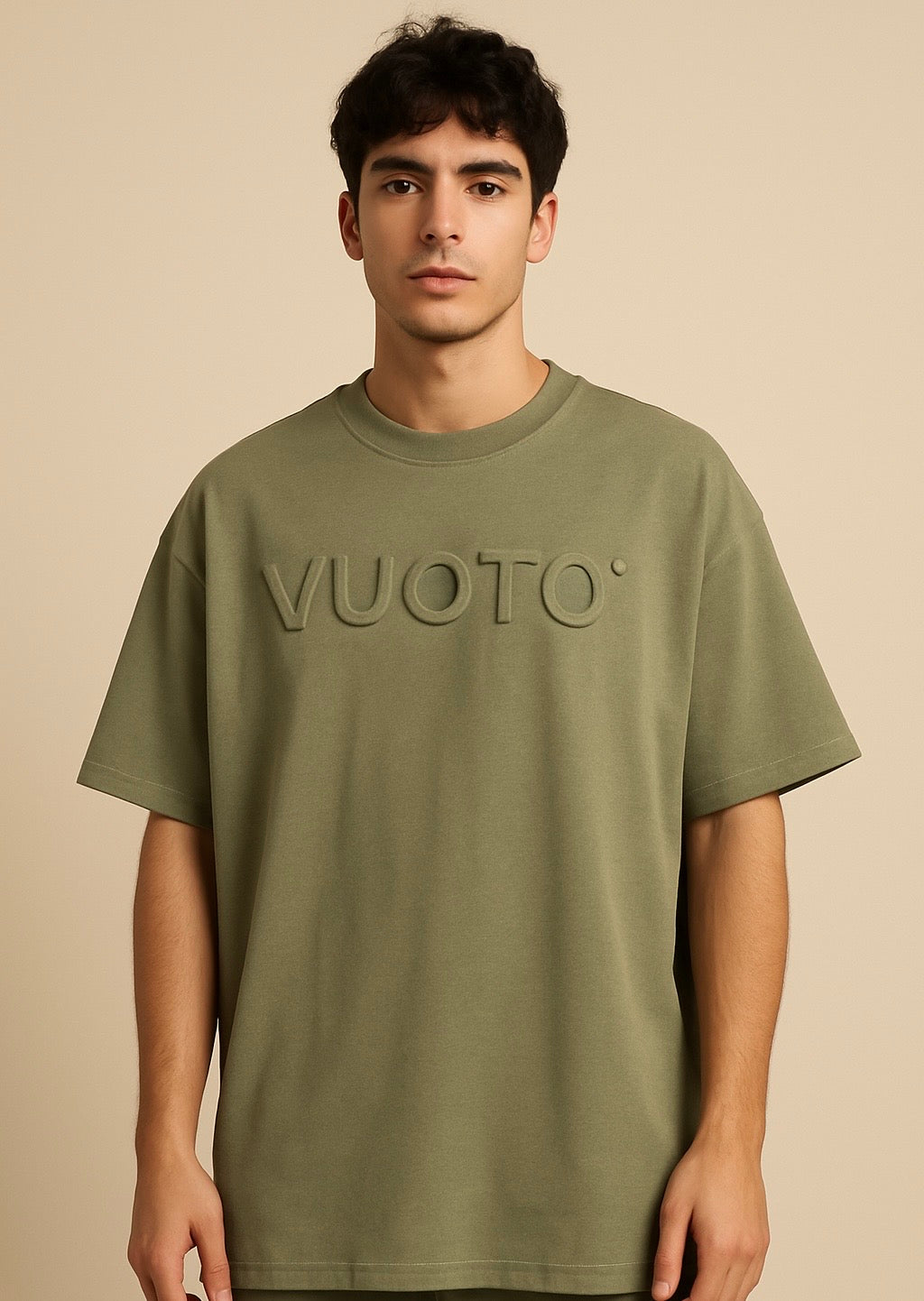 VUOTO Olive Green Embossed Logo T-Shirt – Oversized Minimalist Streetwear Essential