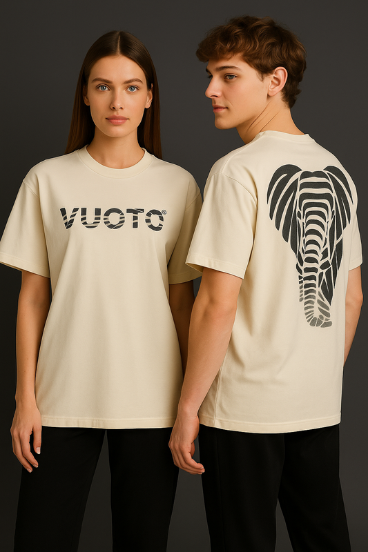 VUOTO Off-White Elephant Graphic T-Shirt – Zebra Text Logo & Back Art | Oversized Fit