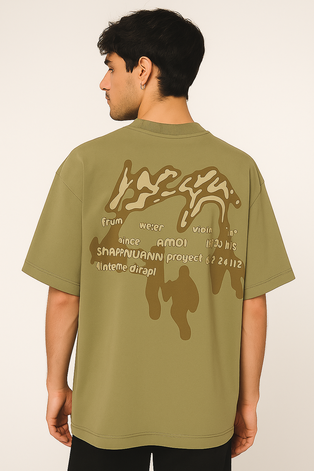 VUOTO Olive Green Drip Embossed T-Shirt – Oversized Fit | Artistic Streetwear Style