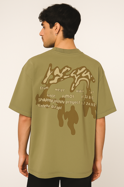 VUOTO Olive Green Drip Embossed T-Shirt – Oversized Fit | Artistic Streetwear Style