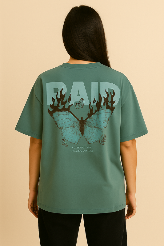 VUOTO Green Graphic T-Shirt – RAID Flame Butterfly Back Print | Oversized Streetwear Tee