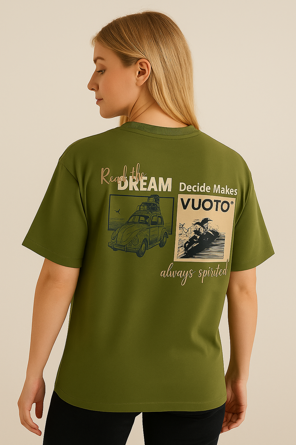VUOTO Olive Green Oversized T-Shirt – Always Spirited Graphic Back | Retro Biker-Inspired Tee