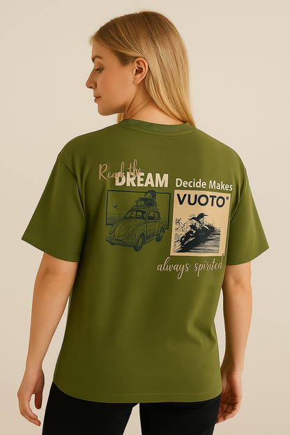 VUOTO Olive Green Oversized T-Shirt – Always Spirited Graphic Back | Retro Biker-Inspired Tee