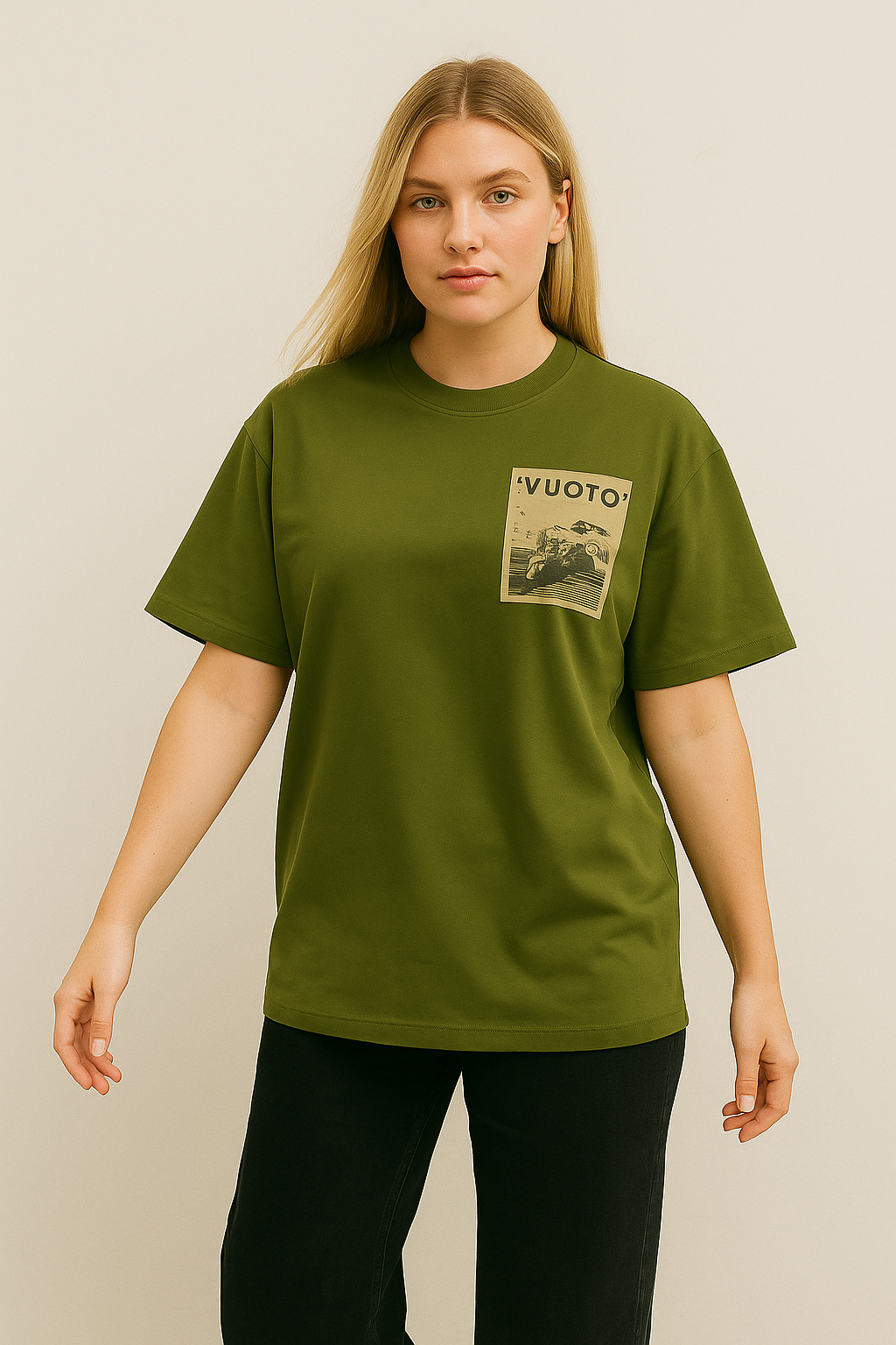 VUOTO Olive Green Oversized T-Shirt – Always Spirited Graphic Back | Retro Biker-Inspired Tee