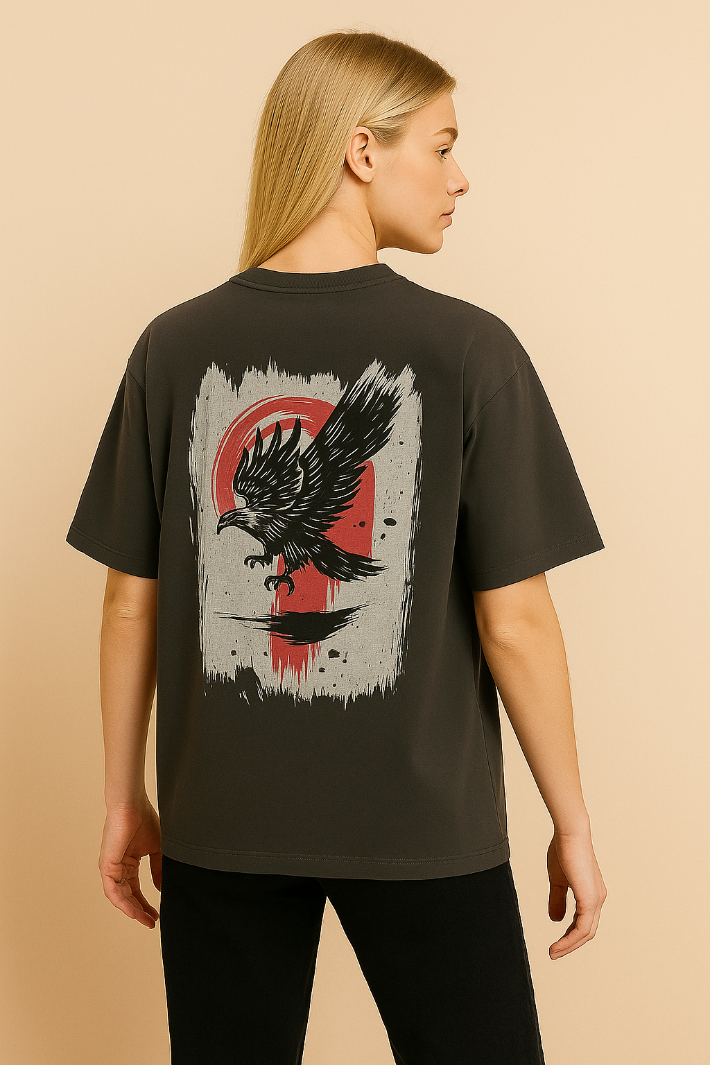 VUOTO Charcoal Graphic T-Shirt – Eagle Brushstroke Back Print | Bold Urban Streetwear