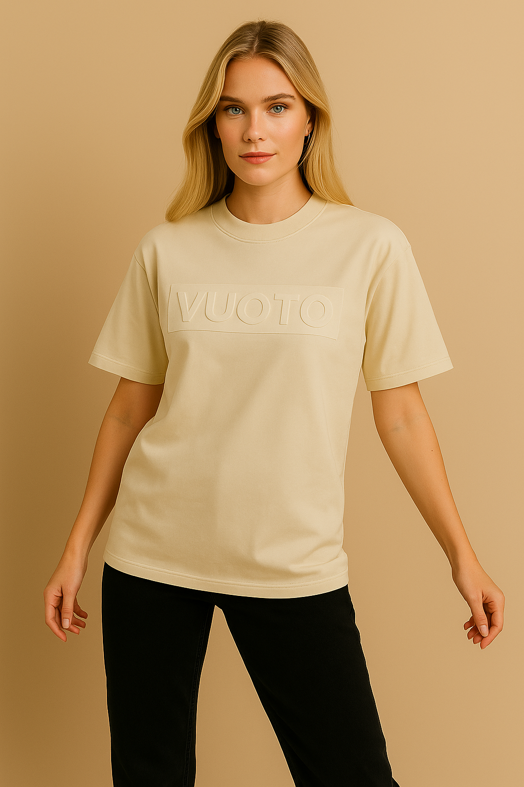 VUOTO Cream Embossed Logo T-Shirt – Minimal Oversized Streetwear Tee