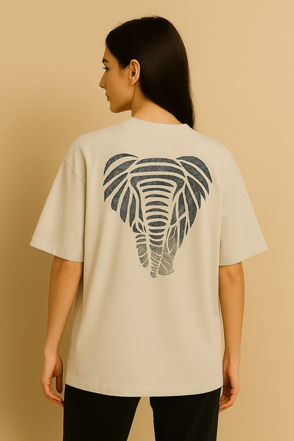 VUOTO Light Grey Oversized T-Shirt – Elephant Leaf Line Back Graphic | Nature-Inspired Streetwear