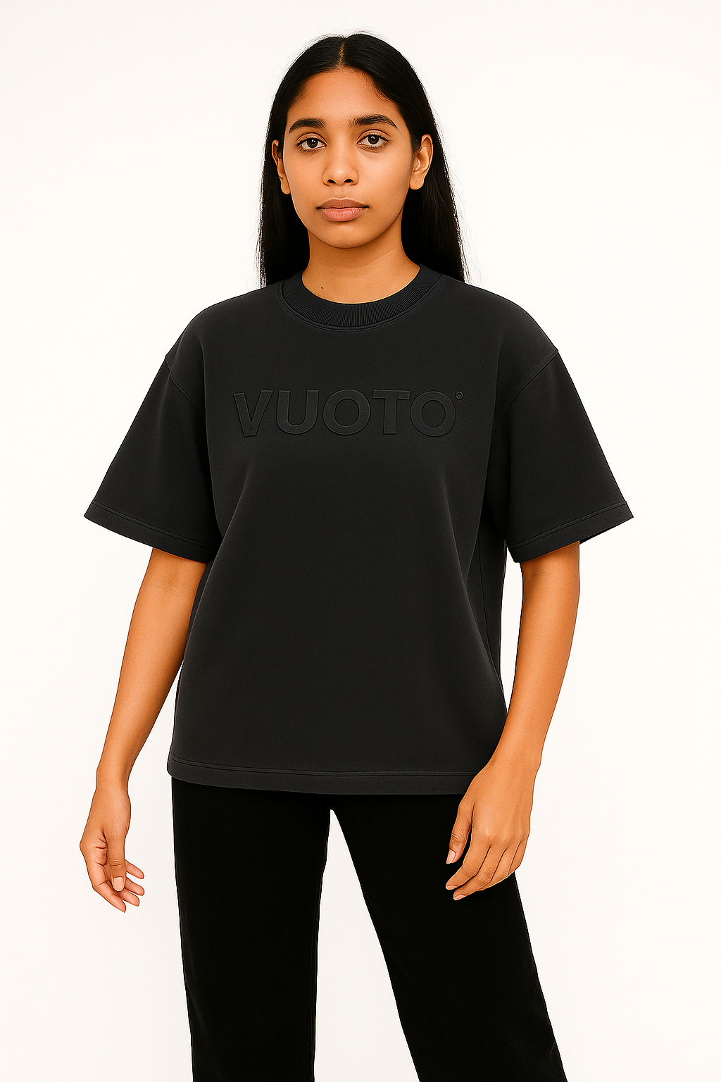 VUOTO Charcoal Black Embossed Logo T-Shirt – Minimal Premium Oversized Fit