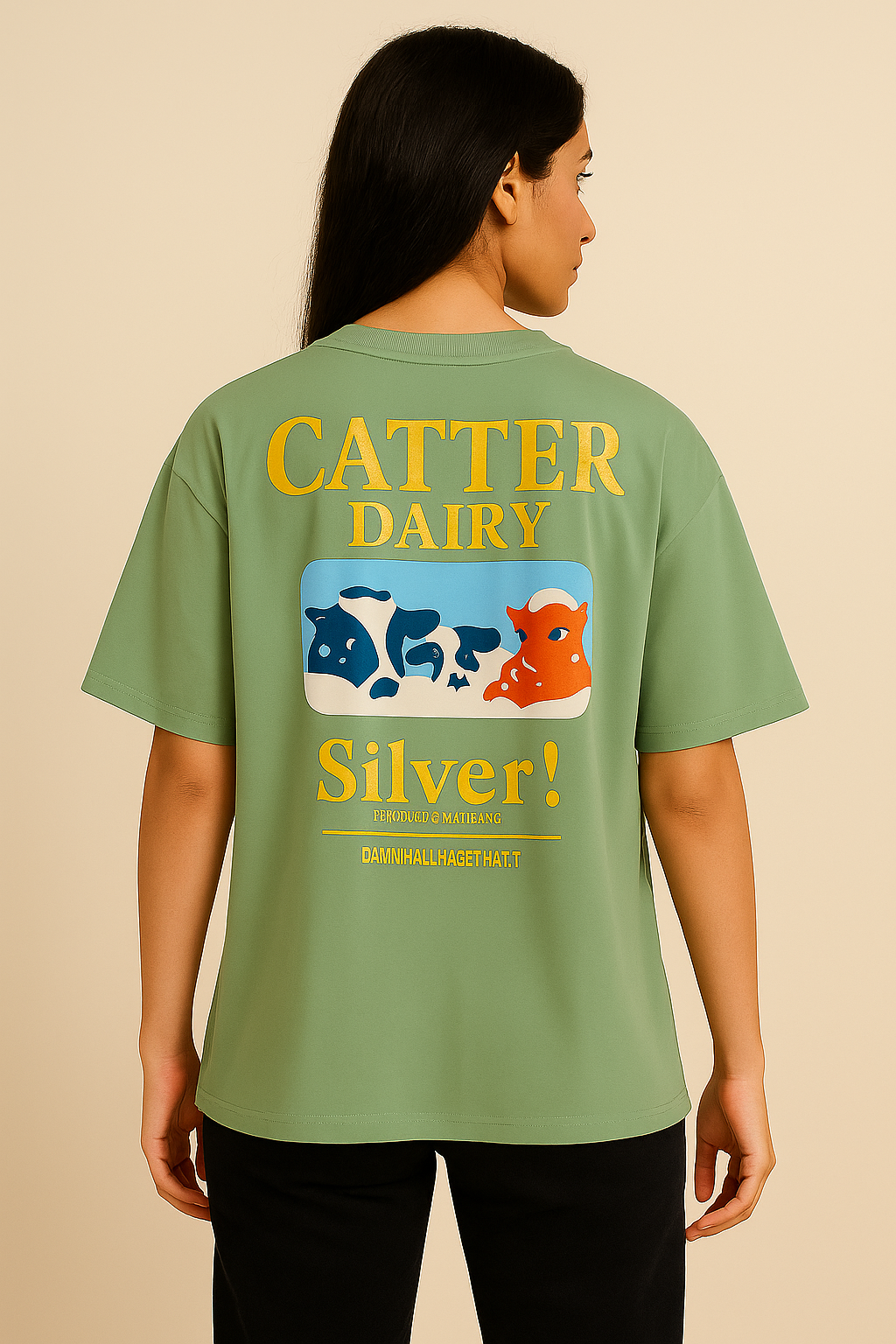 VUOTO Green Oversized T-Shirt – Catter Dairy Silver Back Graphic | Playful Retro Streetwear