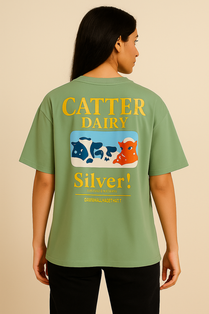 VUOTO Green Oversized T-Shirt – Catter Dairy Silver Back Graphic | Playful Retro Streetwear