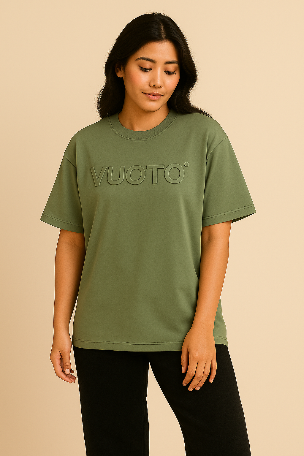 VUOTO Olive Green Embossed Logo T-Shirt – Oversized Minimalist Streetwear Essential
