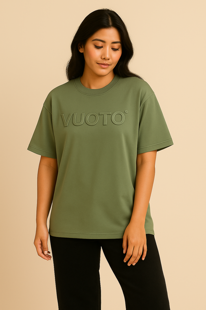 VUOTO Olive Green Embossed Logo T-Shirt – Oversized Minimalist Streetwear Essential