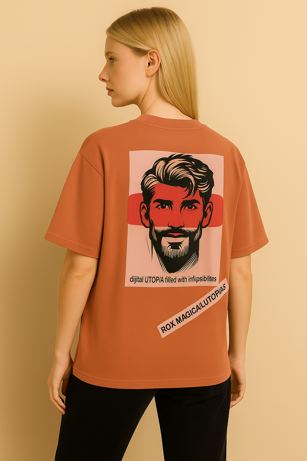 VUOTO Rust Orange Oversized T-Shirt – Utopia Graphic Back | Artistic Streetwear Drop