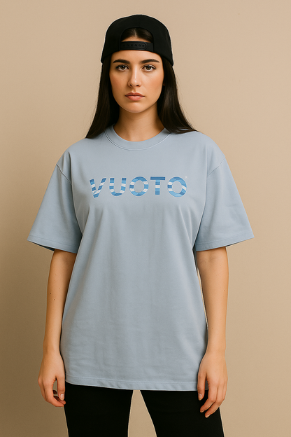 VUOTO Embossed Logo T-Shirt – Sky Blue | Oversized Fit | 3D Elephant Back Graphic