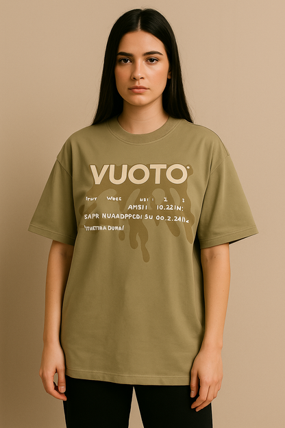 VUOTO Olive Green Drip Embossed T-Shirt – Oversized Fit | Artistic Streetwear Style